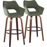 Mustang 30" Swivel Bar Stool in Walnut Wood & Green Fabric with Black Footrest (Set of 2)
